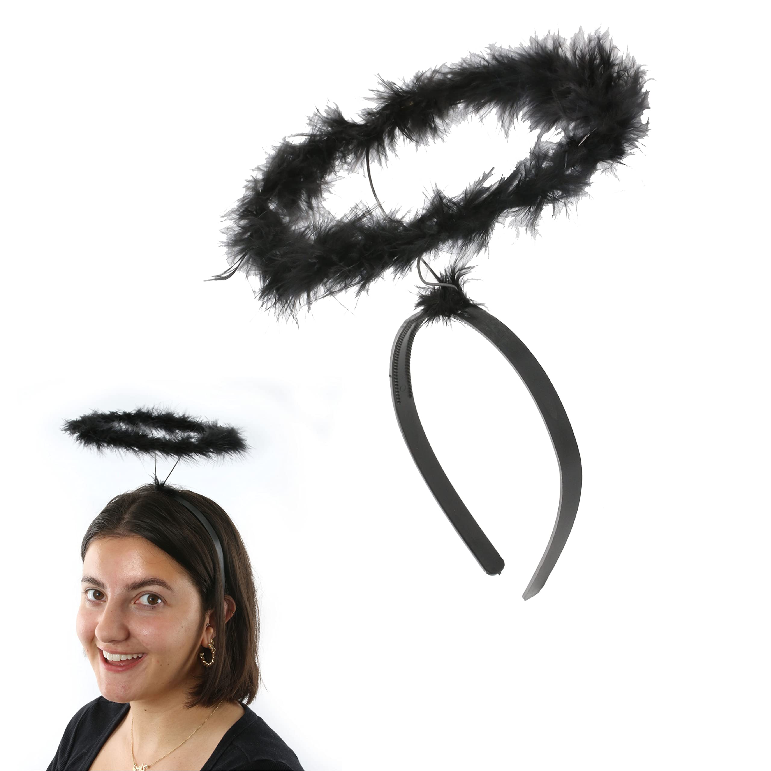 Black Halloween Marabou Halo - Pack of 1 - Black Fluffy Halo on Headband - Halloween Angel Fancy Dress Costume Accessory