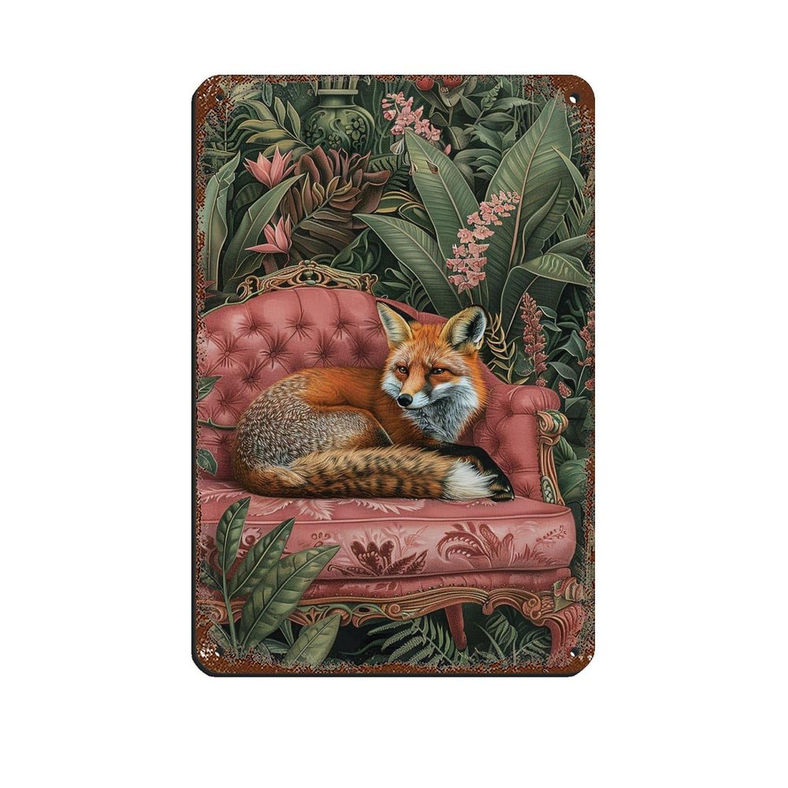 Tropical Fox on Sofa Poster Retro Poster Metal Tin Sign Chic Art Retro Iron Painting Bar People Cave Cafe Family Garage Poster Wall Decoration 8x12inch(20x30cm)
