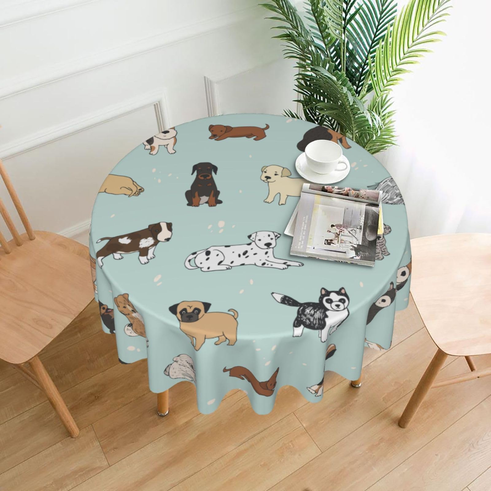 Nbtghga Dog Print Tablecloth Round Border Table Cloth Cover Decorative For Party Holiday Dinning Tabletop Home