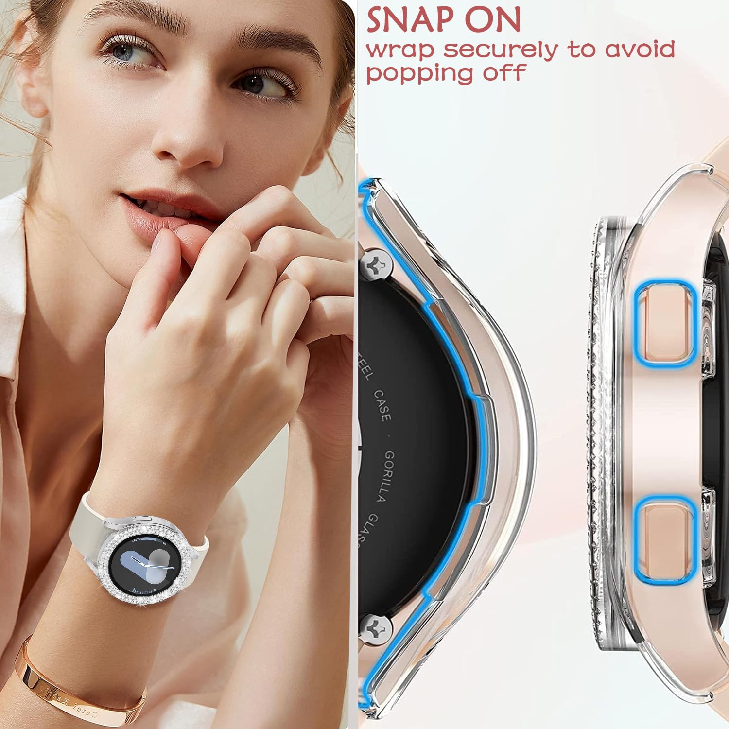 DEALELE [2-PACK] Case Compatible with Samsung Galaxy Watch 5/4 44mm, Bling Single-Row Diamond PC Protective Case Replacement Watch Cover Bumper (44mm, Gold+Transparent) — view 139