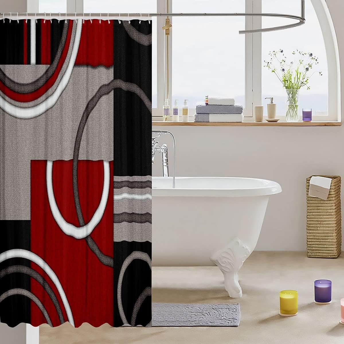 Decorative Red Black Gray Circle Shower Curtain Waterproof Polyester Fabric,Retro Circle Stripes Bath Curtain Home Bathroom Decor Hanging Curtain with Hooks 72 x 78 Inch,Machine Washable