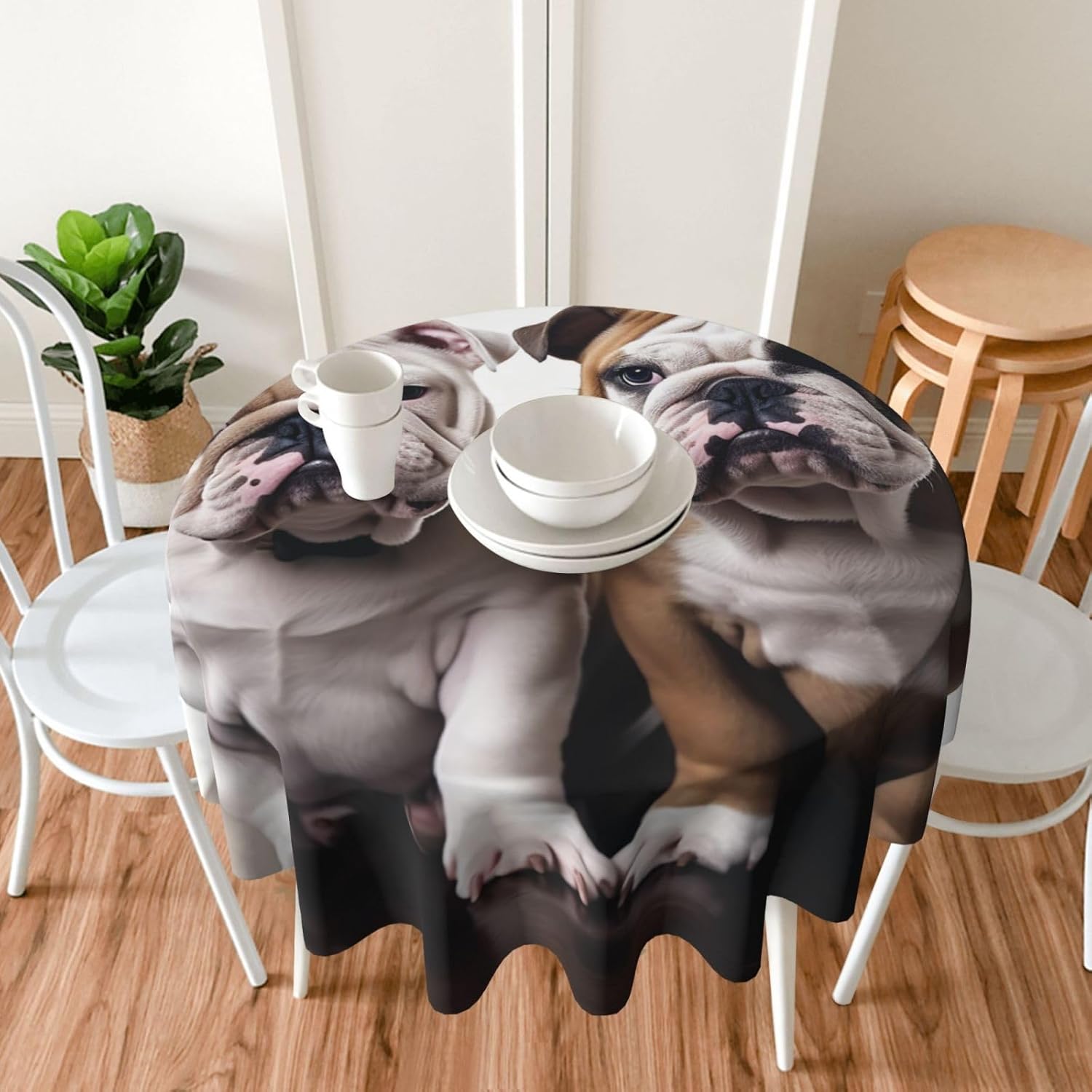 Round Tablecloth for Dining Table 60 Inch Fabric Table Cover Two Cute Bulldog Dogs Water Resistant Circular Table Cloth for Kitchen Farmhouse Decorative Tables Cloth Cover
