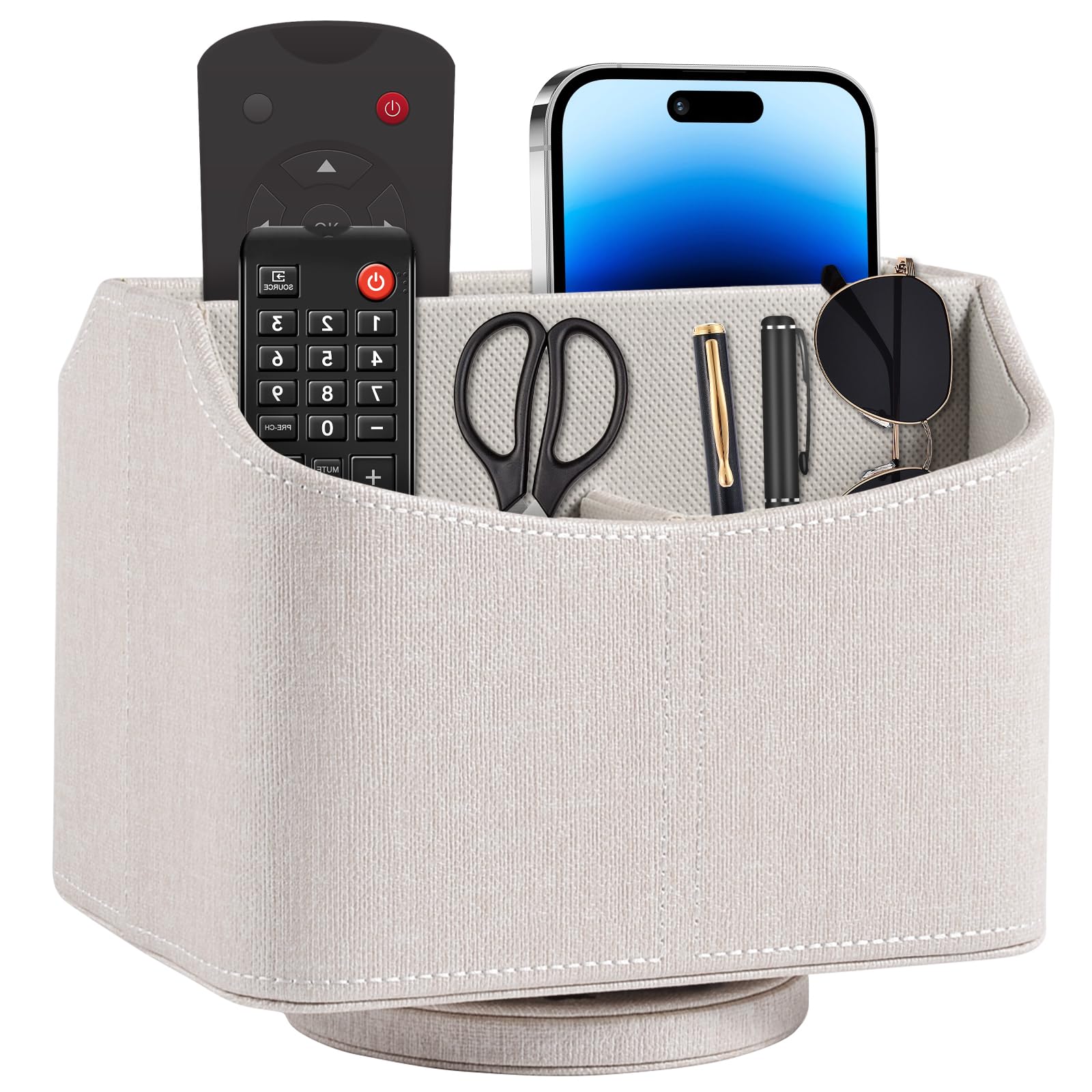 RHCSZ Leather Remote Control Holder 360 Degree Spinning,Desk Rotating Organizer/Caddy for TV Remote Controllers,Pen,Calculator Media Player,DVD,Office