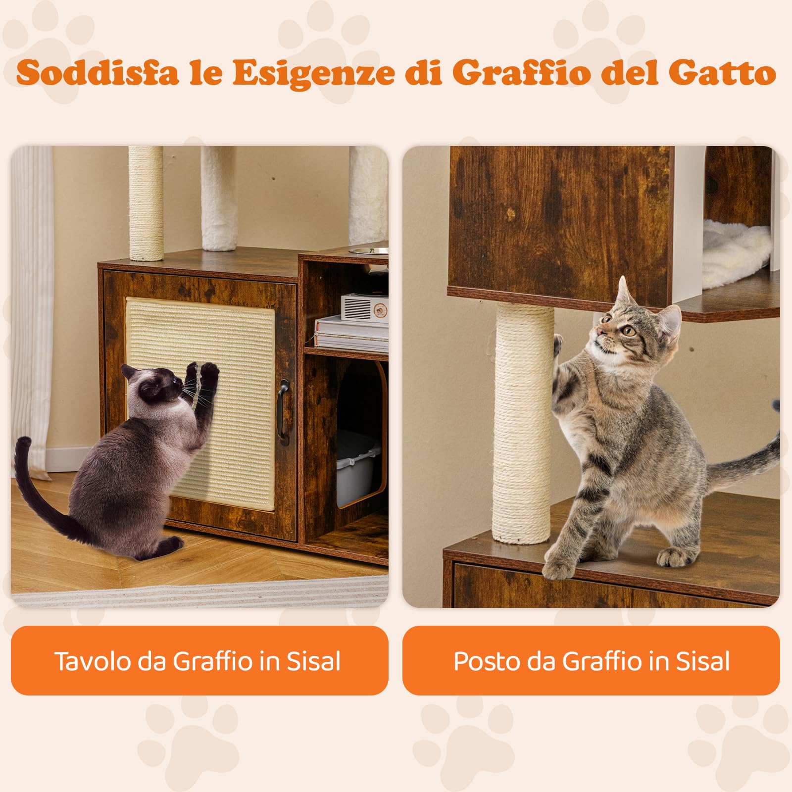 COSTWAY Albero per Gatti con Mobile per Lettiera Alto 155 cm (Marrone) | Tiragraffi per Gatti con Posto Graffio in Sisal e Tappetino, Pallina Pendenti, Toilette Nascosta e 2 Ciotole per Cibo