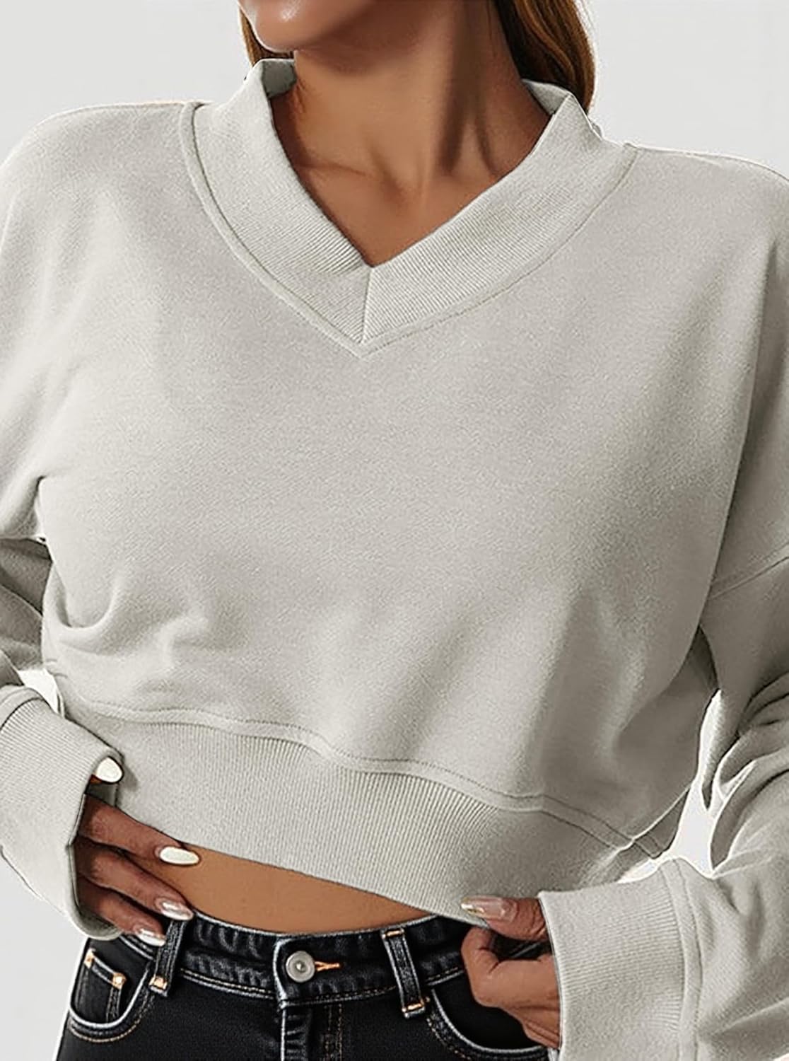Remidoo Women's V Neck Cropped Sweatshirt Long Sleeve Loose Fit Drop Shoulder Pullover Top - Image 3