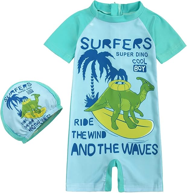 Toddler Kids Baby Boys Girls Dinosaur Swimsuit 1 Piece Zipper Bathing Suit Swimwear With Hat Rash Guard Surfing Suit UPF 50+ Baby Boy Short Swim Trunks (Mint Green, 1 Years)