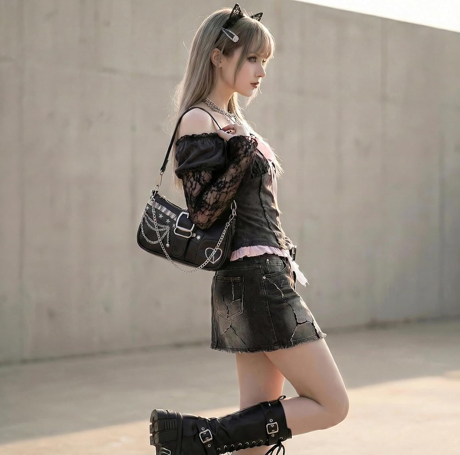 Cute Y2k Purse for Women, Star Embroidery Pattern with Chain Strap Shoulder Bag, Goth Style Cute Mini Purse - Image 3