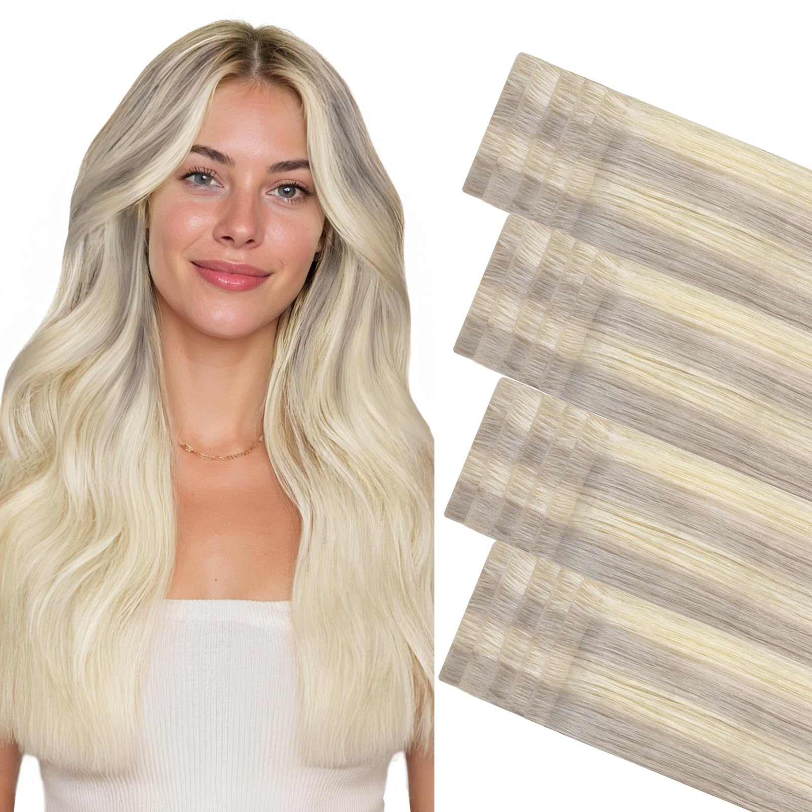Invisi Edge Tape in Hair Extensions Human Hair, 17/22/60 Balayage Ash Blonde to Golden Blonde and Platinum Blonde, 20pcs 22inch 50g, Virgin Remy Hair, Seamless Injected Tape, Natural Look