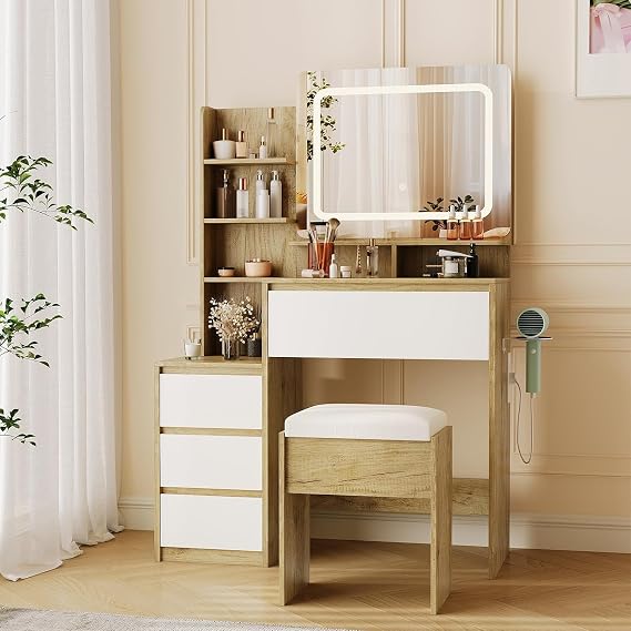 Jojoka Modern 36-Inch Vanity Desk with Mirror and Lights, Makeup Vanity Table with Outlets, 4 Drawers, Stool, 3-Color LED Vanity Mirror, White Vanity Set for Bedroom, Women