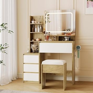 Jojoka Modern 36-Inch Vanity Desk with Mirror and Lights, Makeup Vanity Table with Outlets, 4 Drawers, Stool, 3-Color LED Vanity Mirror, White Vanity Set for Bedroom, Women