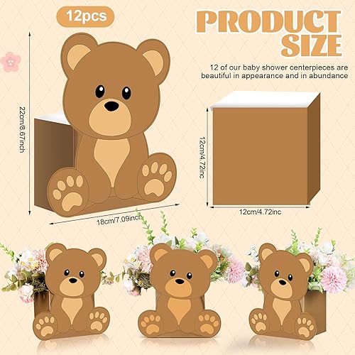 Miniatura 3 de Hushee 12 juegos de centros de mesa de flores de oso para mesas de baby shower, cajas 3D para niños y niñas, centro de mesa de cumpleaños, para