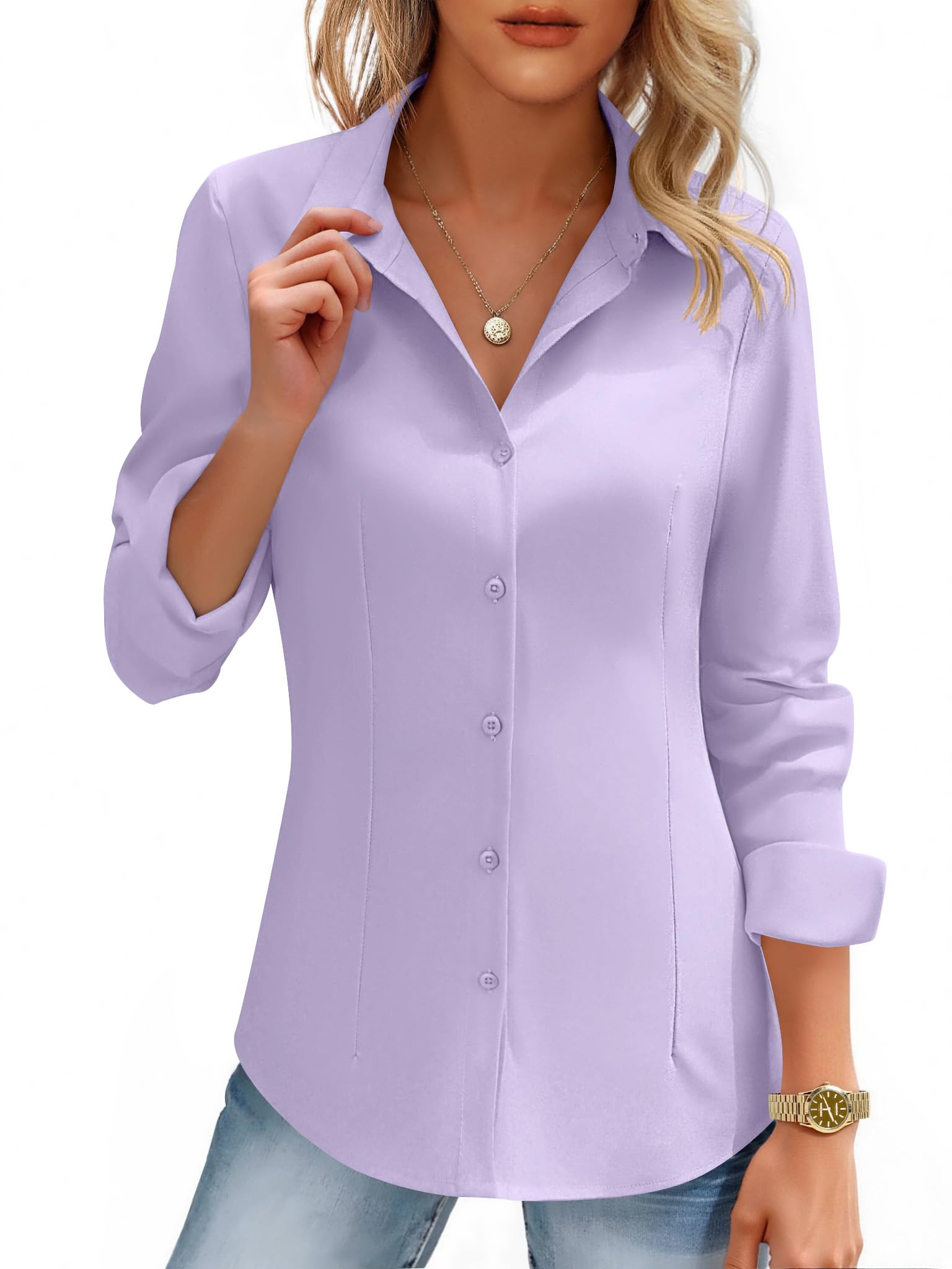 Women's Button Down Shirts Long Sleeve Dress Shirt Slim Fitted Work Tops Collared Dressy Casual Business Blouses