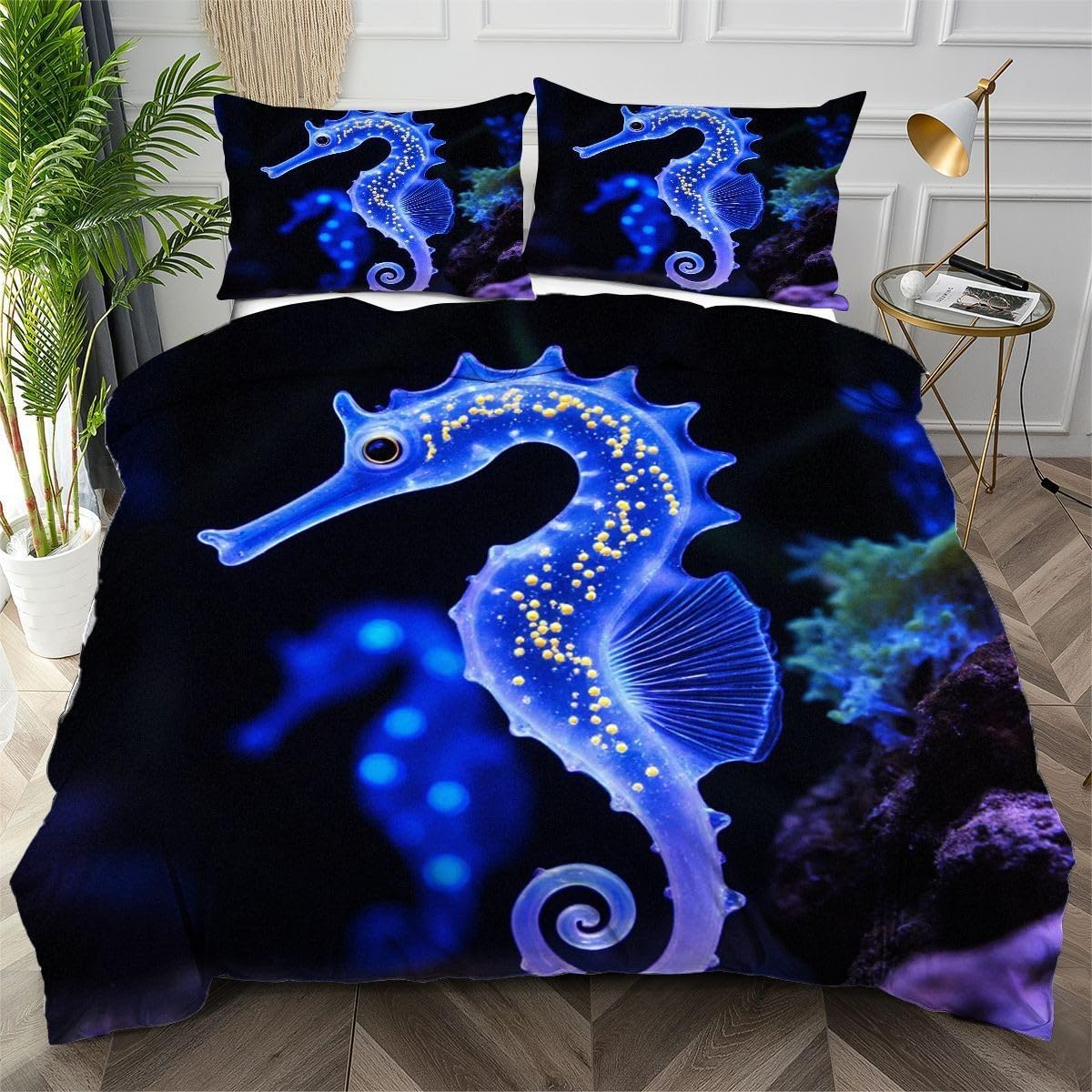 Housse de couette 200x200 hippocampe bleu en microfibre avec 2 taies d'oreiller AW2482