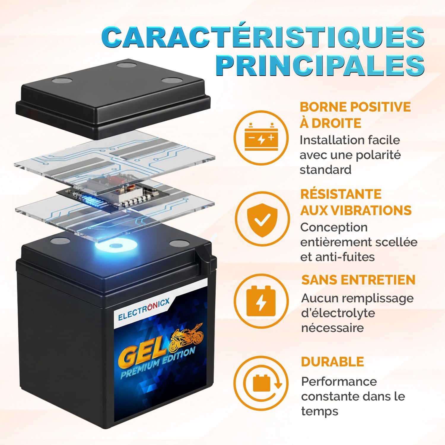 Electronicx GEL-51814 Batterie moto 12V 19Ah 245A – puissante, sans entretien, scellée et étanche, technologie gel, haute performance pour moto, scooter, quad, ATV, motoneige