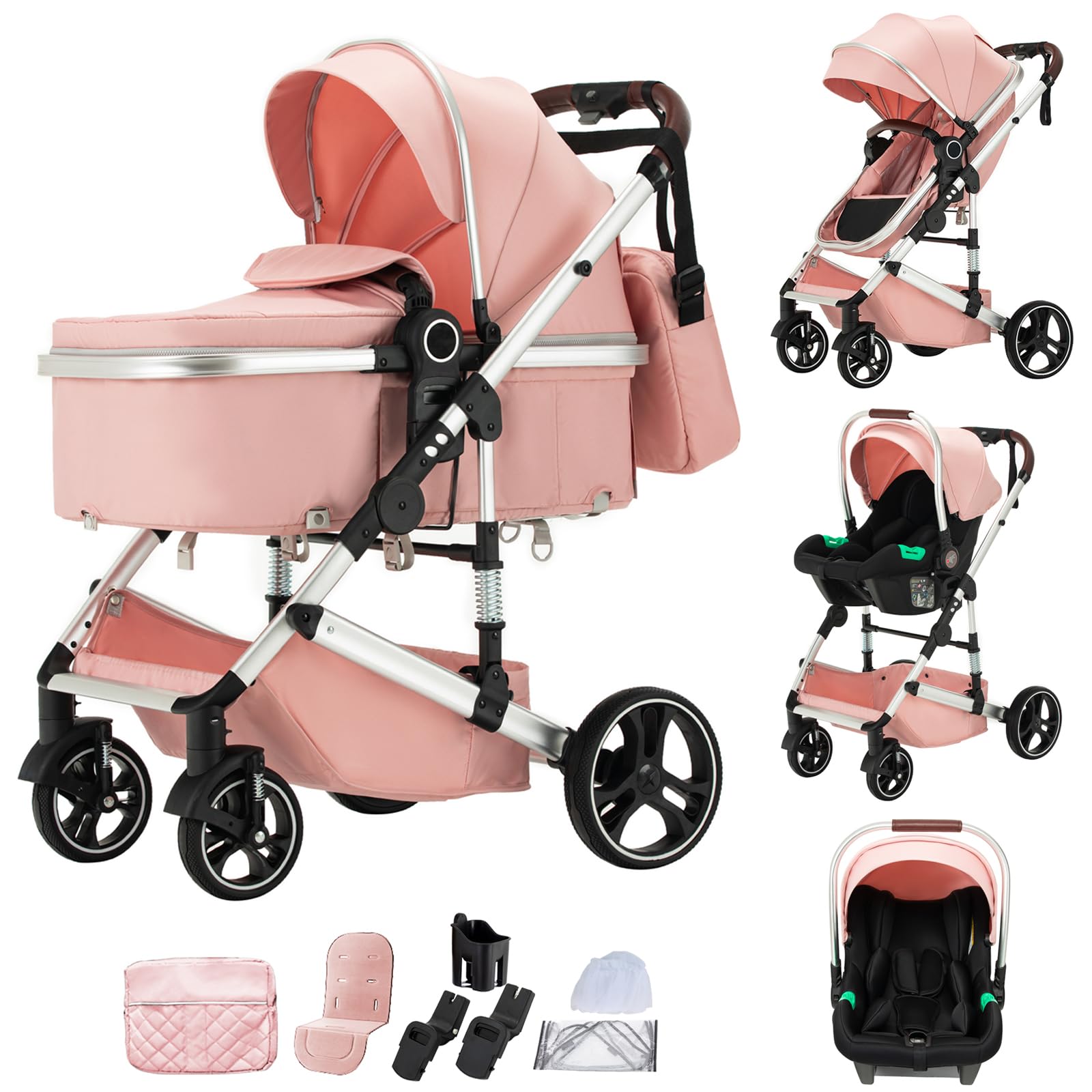 Passeggino 3 in 1 Grandi Ruote Pneumatici in Gomma Carrozzina Ovetto Schienale Regolabile Reclinabile (H9/PINK)