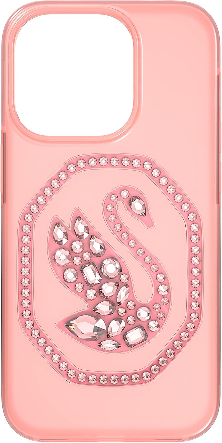 Swarovski Signum Phone Case for iPhone 14 with Pink Crystals, Pink Background Swan Motif, Part of The Signum Collection