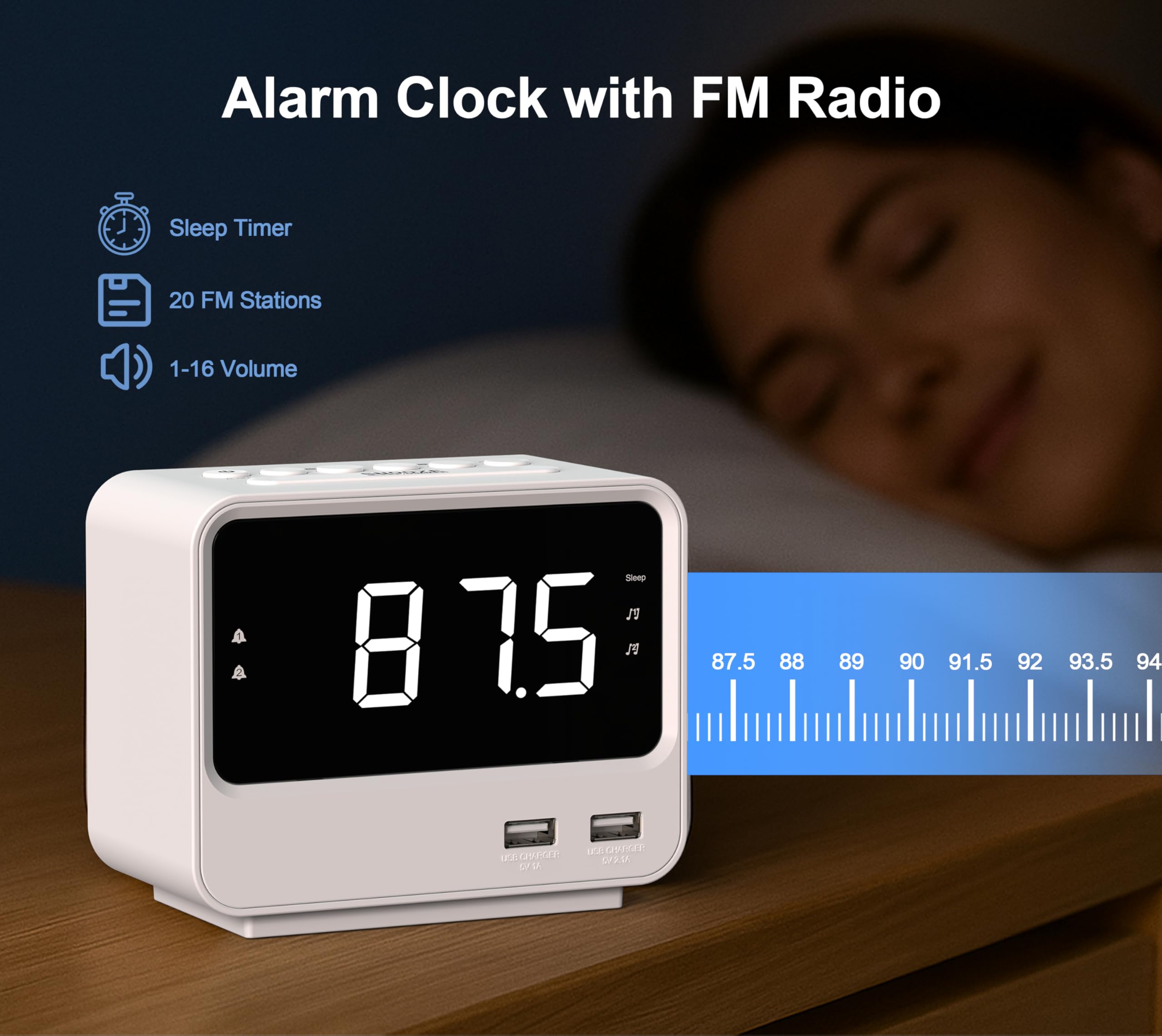 Radio-reloj Despertador para Dormitorios con Dos Puertos de Carga USB, Números Grandes con Brillo Ajustable, Radio FM Digital de Mesilla de Noche con Temporizador de Sueño, Volumen Ajustable, A23W