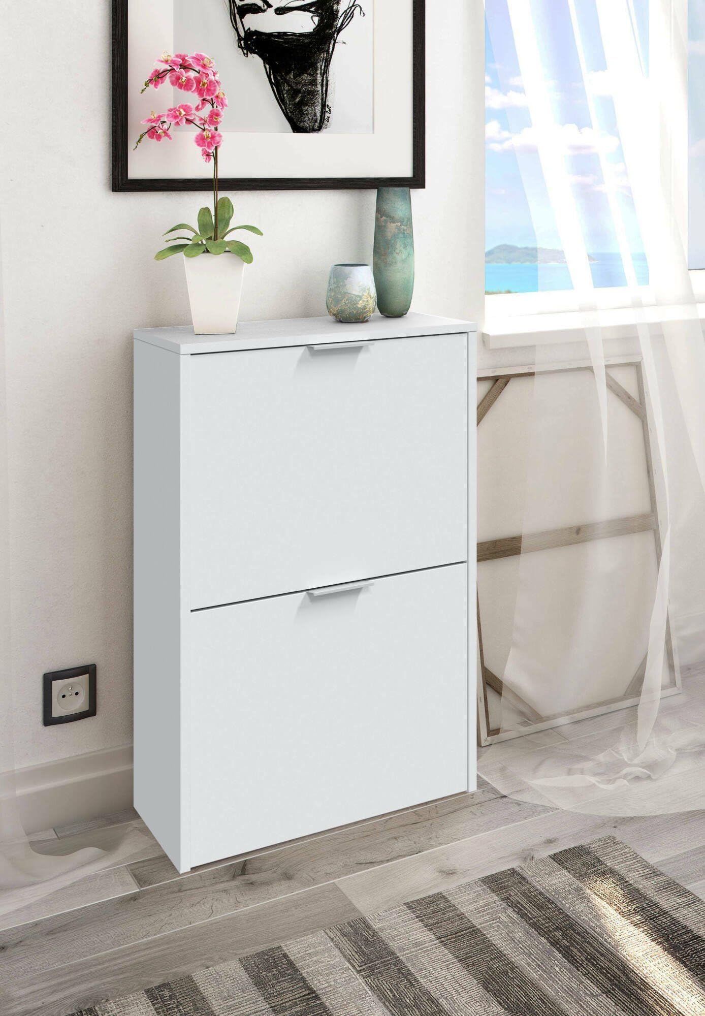 Dmora - Scarpiera Valdosta, Portascarpe salvaspazio a 2 ante, Scarpiera da ingresso, Armadio scarpiera, 50x22h76 cm, Bianco