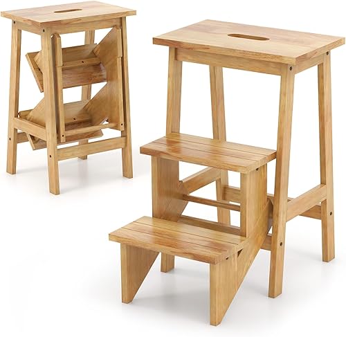 Miniatura 10 de Giantex Escalera plegable de 3 niveles, taburete de madera multifuncional 3 en 1, escalera de exhibición y estante de almacenamiento para