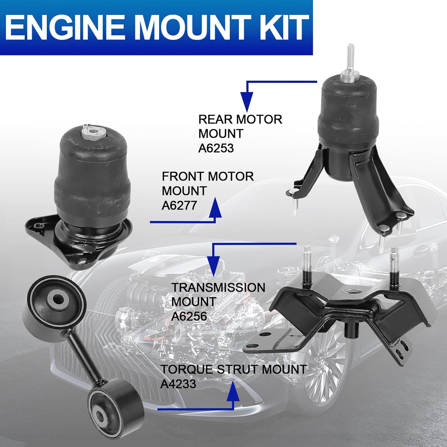 Engine Motor Mounts Set - Compatible with Camry 1992 1993 1994 1995 1996 L4 2.2L, Automatic Transmission, Replace# A6277 A6253 A4233 A6256, Set of 4