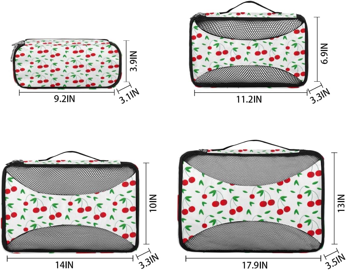Red Cherry Pattern 4 Piece Packing Travel Organizer Cubes Set Mesh Fabric Ventilate Design Lightweight Travel Accessories 4 Sizes (Extra Large, Large, Medium, Small)
