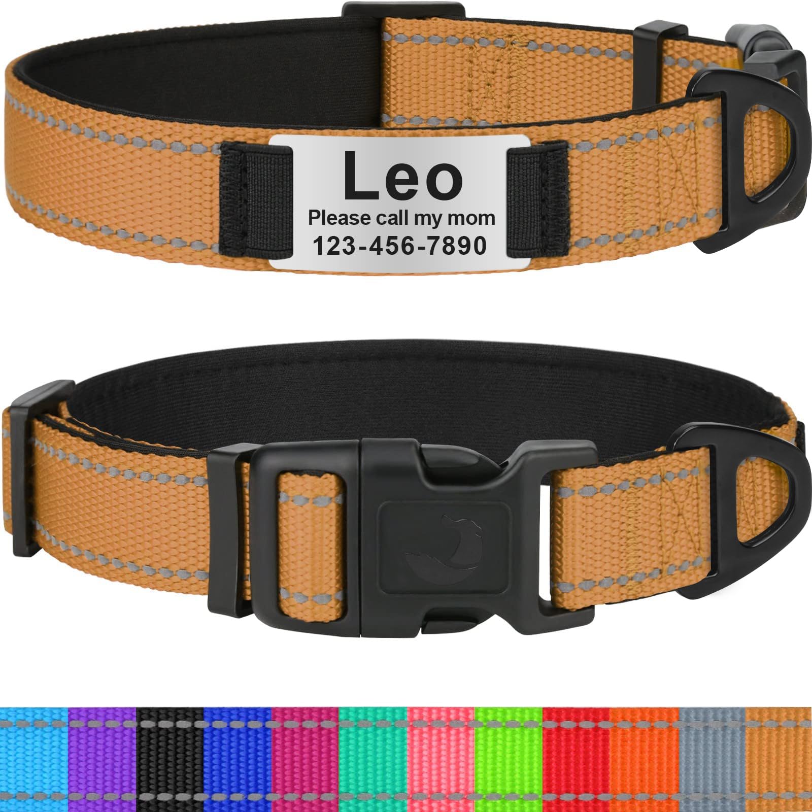 Taglory Personalized Dog Collars for Medium Dogs, Custom Reflective Collar with Name Plate, Padded Pet ID Tags with Engraved Slide, Tan