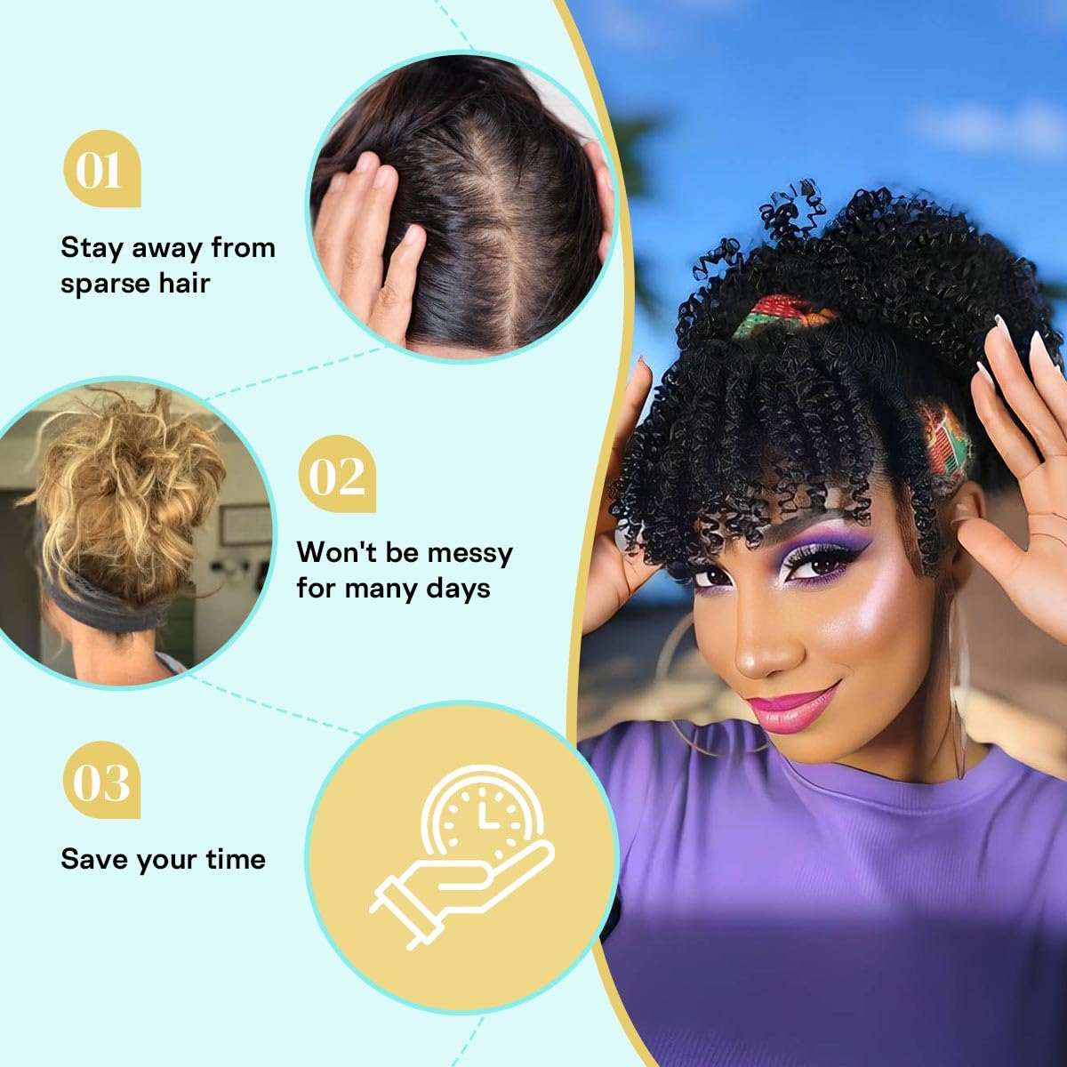 Afro Kinky Headband Wig with Bangs, 2 in 1 Head-Wrap Afro Puff Wig Short Synthetic Curly Bang Half Wigs for Women Black