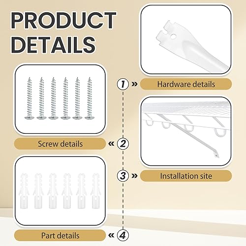 Miniatura 3 de Juego de 4 soportes de soporte de 16 pulgadas para estanterías de alambre, juego de estantes de armario con anclajes y pasadores para instalación,