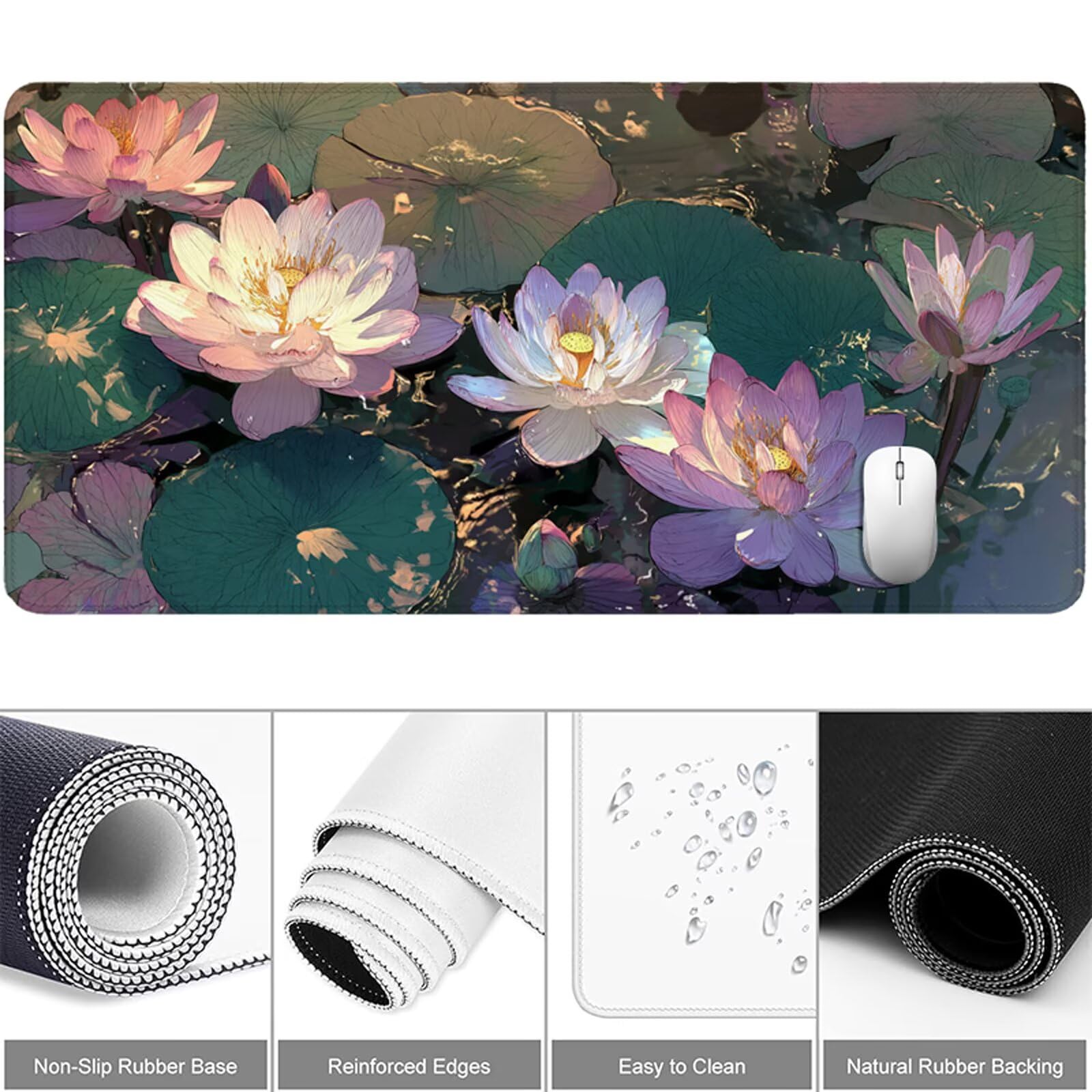 Podkładka pod mysz XXL Lotus, podkładka pod mysz Dream 1000 x 500 mm, wodoodporna i trwała podkładka pod mysz z zszytymi krawędziami i antypoślizgową gumową podstawą, mata biurkowa do biura, domu
