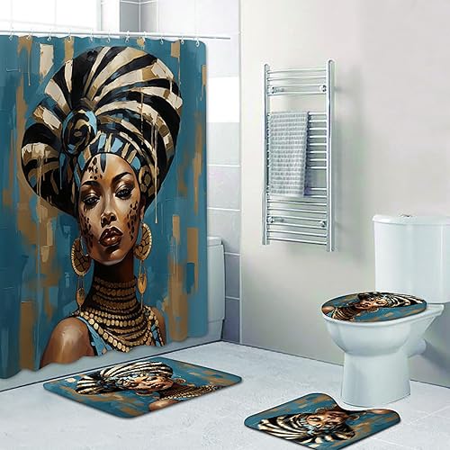 Miniatura 9 de NEWSUYAA Juego de 4 cortinas de ducha para niñas negras con alfombras de baño, estilo rústico africano, para mujer, impermeables, para cubrir el