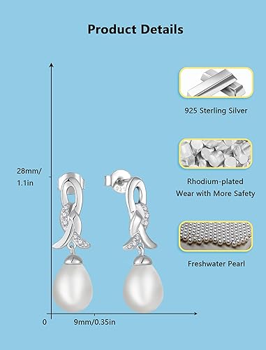 Miniatura 3 de Pearl Teardrop Earrings for Wedding Bridal 925 Sterling Silver with Freshwater Pearls Dangle Earrings for Women Perfect for Holiday Gifts