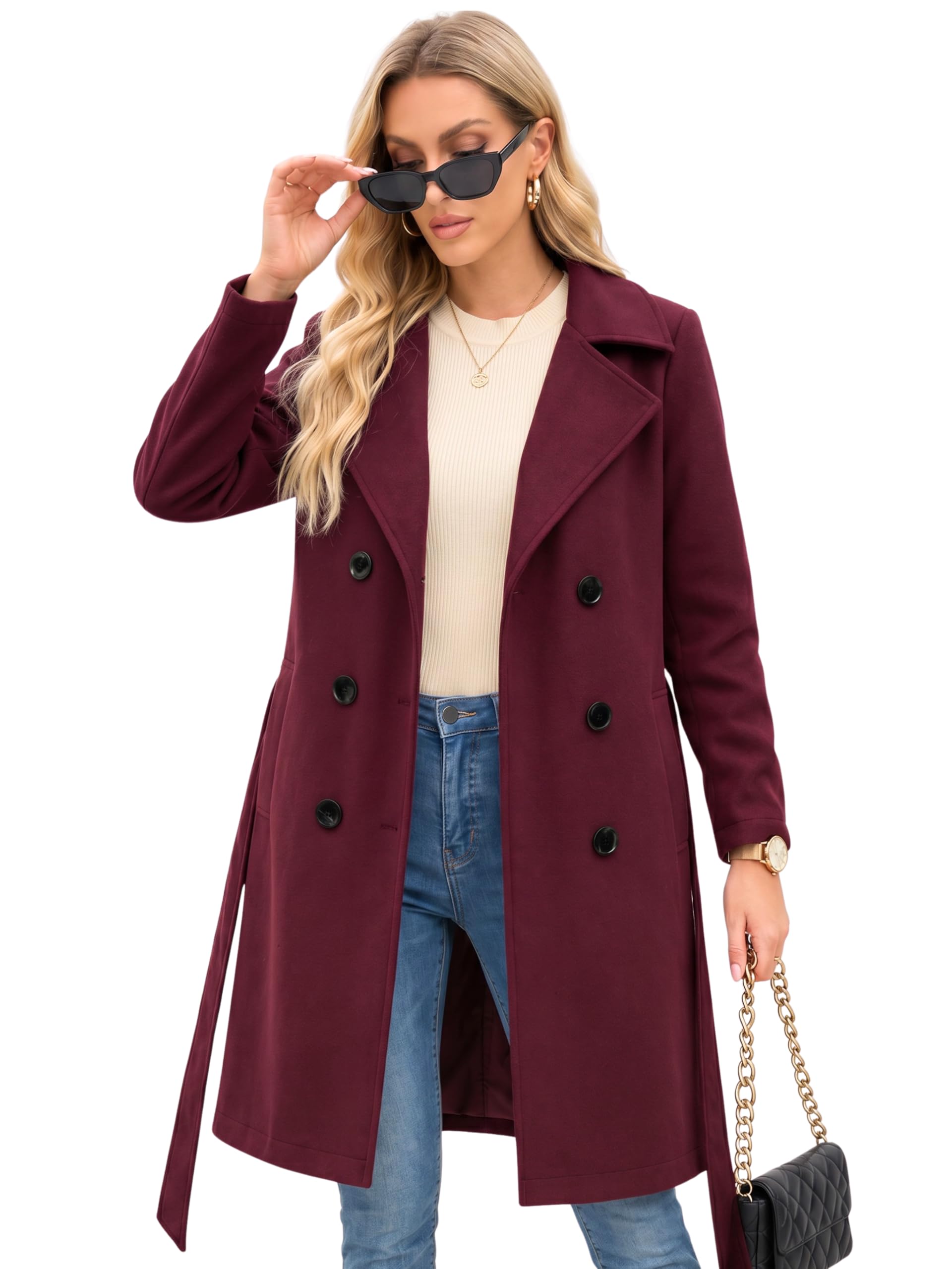 Trench Coat for Women – Double-Breasted Long Winter Faux Wool Coat-image-0