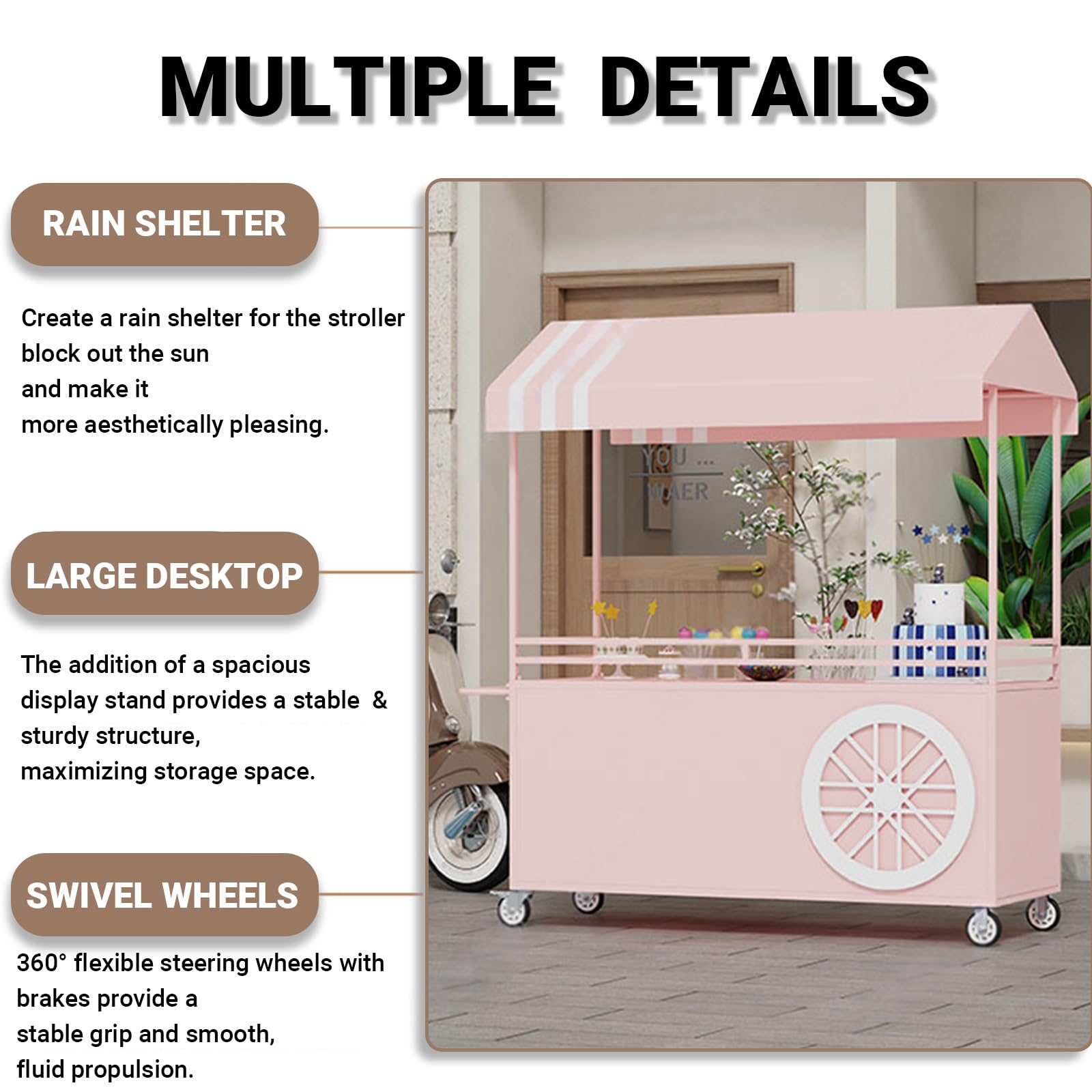 Mobiler Food-Display-Stand mit feststellbaren Rädern, tragbarer klappbarer Verkaufsstand, Handwagen mit großem Stauraum, robuster Eisenwagen für Märkte, Street-Food-Events und Festivals
