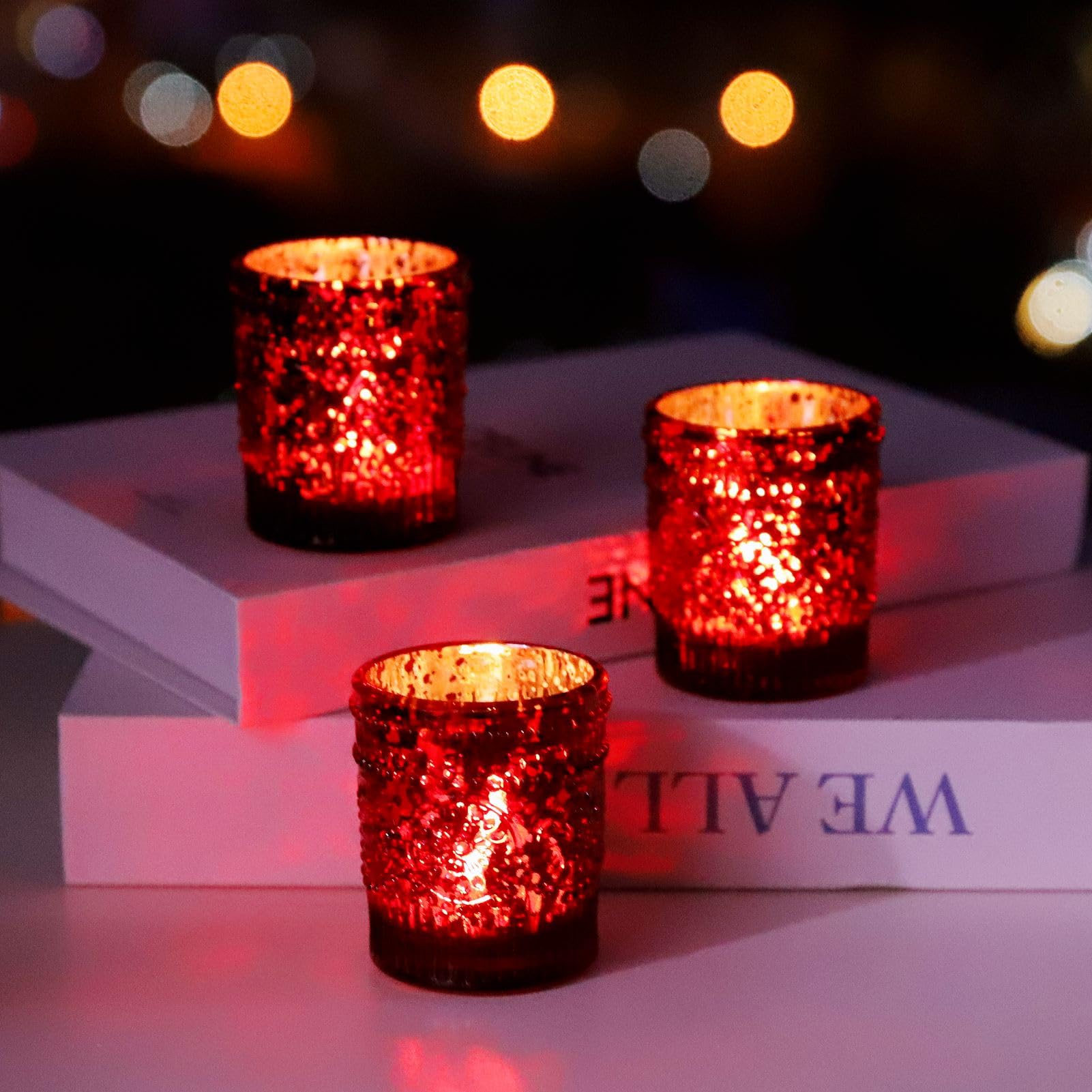 Vohocandle Red Mercury Glass Tealight Holders Set of 12, Sunflower Votive Candle Holder Glass for Table Centrepiece, Tea Light Candle Holders for Christmas, Thanksgiving, Valentine's Day Decor (Red)