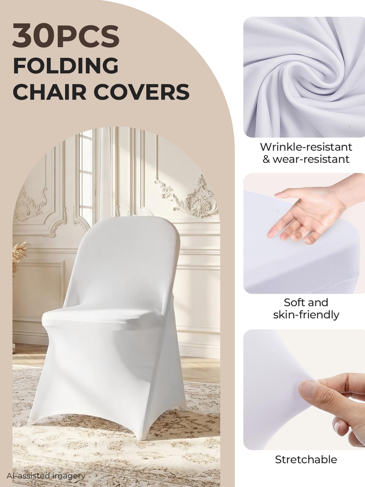 FOHERE Folding Chair Covers 30Pcs Stretch Spandex Chair Cover, Universal Fitted Slipcovers, Washable Chair Cover Protector for Wedding Party Banquet Holiday Celebration Decoration, White