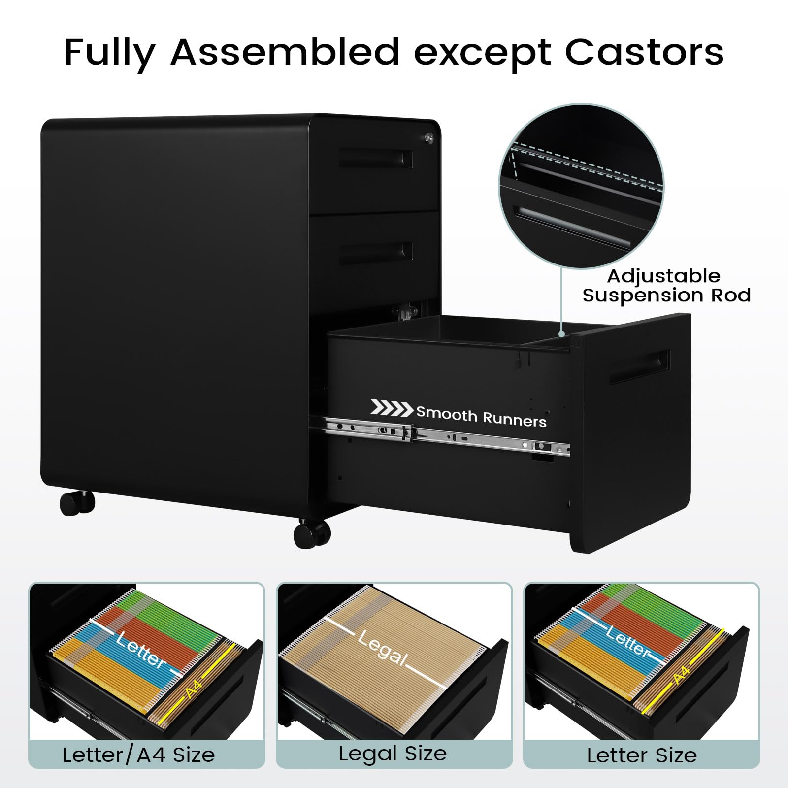 WOLTU Cassettiera a 3 Cassetti con Chiave, Schedario da Ufficio in Metallo, Organizer Porta Documenti con 4 Ruote, Organizzatore per Formato A4 Letter in Studio, Camera da Letto, Nero, ASK04sz