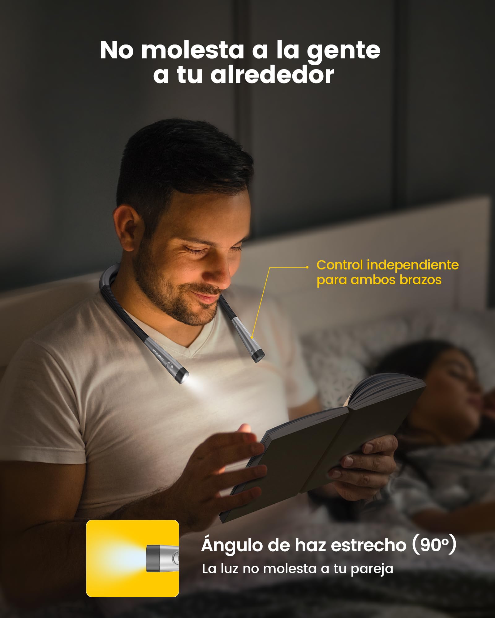 Glocusent Luz de Lectura con bolsa dura de Eva, Lampara Libro de Lectura Recargable, 3 Colores, 6 Niveles de Iluminación, Brazos Flexibles, Larga Duración, Perfecto para Leer, Tejer, Reparar