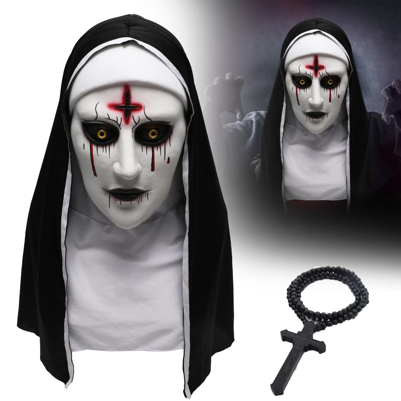 AENEY Scary Nun Full Head Mask, Creepy Halloween Nun Headpiece Costume Cross Necklace, Cosplay Party Gothic Accessories (Style-1) - Image 2