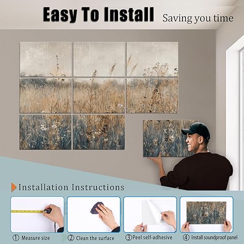 Miniatura 5 de Paquete de 9 paneles acústicos de arte de pared, paneles absorbentes de sonido de 48 x 36 pulgadas, paneles decorativos de amortiguación de sonido,