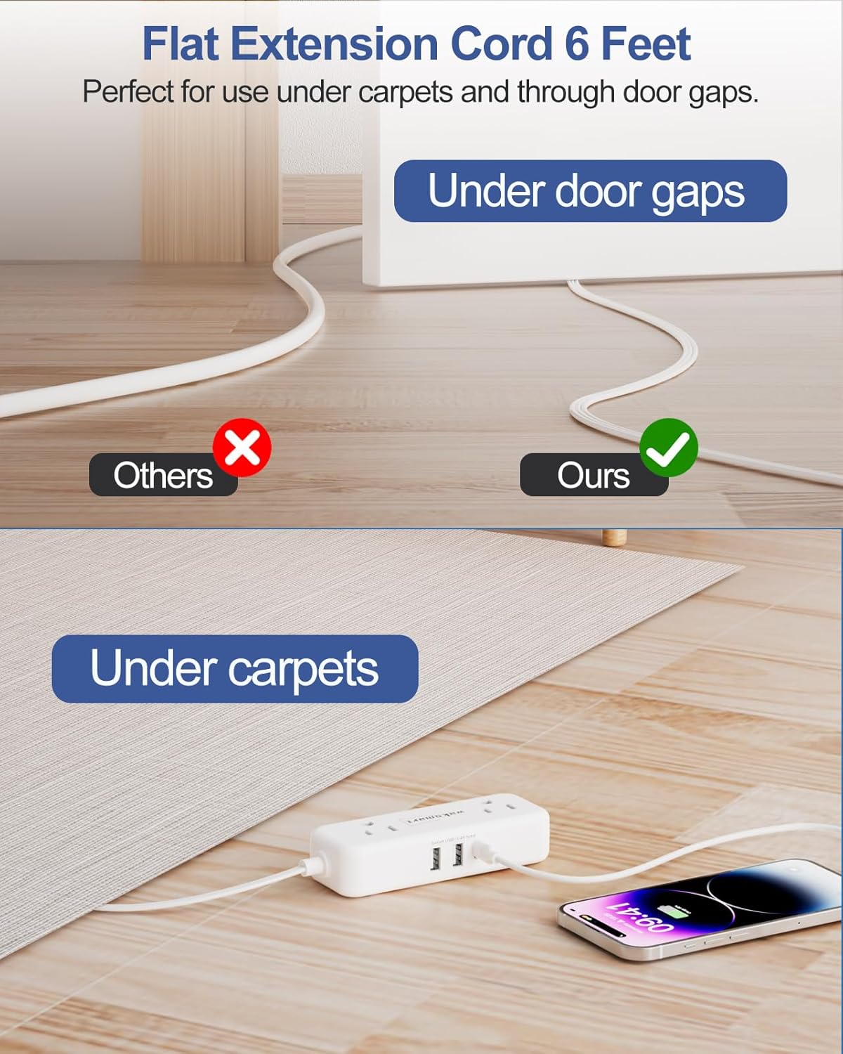 Flat Extension Cord 6 Feet - 4 AC Outlets 3 USB Ports (5V/3.4A 17W), Flat Plug Power Strip Compact for College Dorm, Travel, Cruise, Home, Office