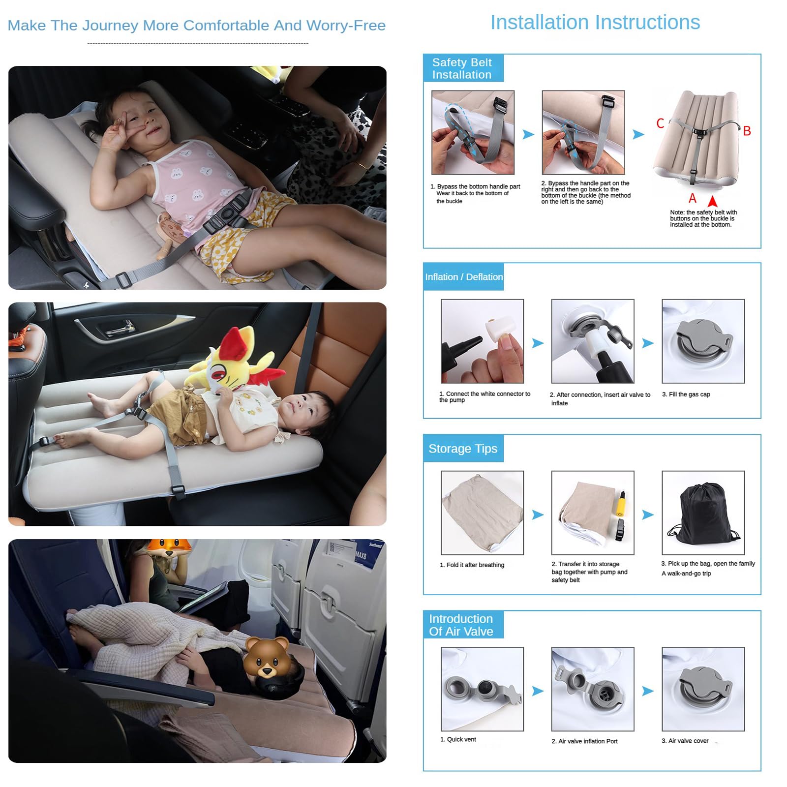 2023 Letto Per Auto Aeroplano Per Bambini Letto Aeroplano Gonfiabile, Estensione Del Sedile Dell'aereo Per Bambini, Letto Aereo Da Viaggio Per Bambini Con Pompa A Mano, Cintura Di Sicurezza E Borsa,B