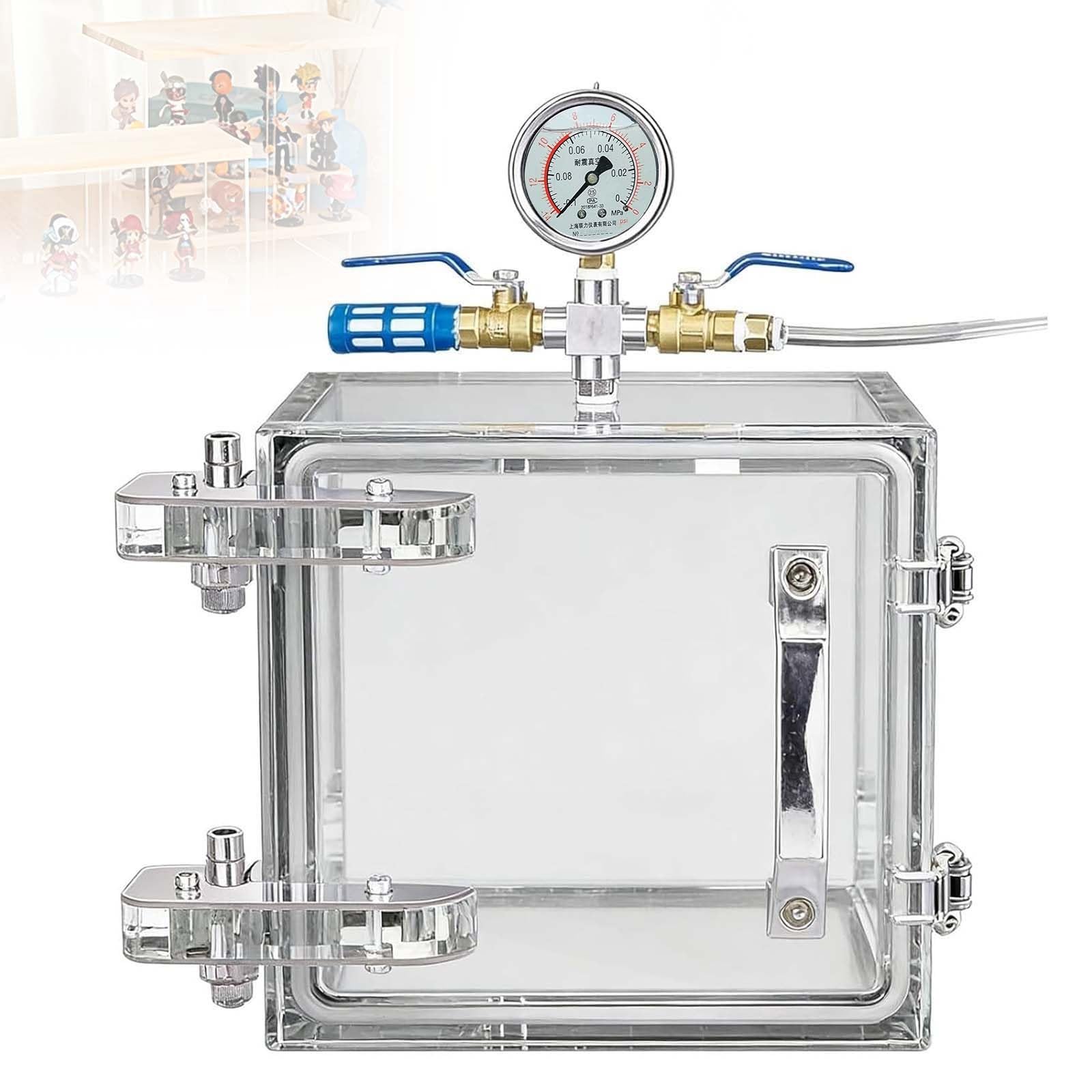 Cámara De Desgasificación Al Vacío Cuadrada Con Manómetro, Para Laboratorio | Válvula De 2 Vías, Acrílico De 20/30 Mm De Espesor, Soporta -29 Inhg Durante 24 H, Para Almacenar Piezas De Precisión