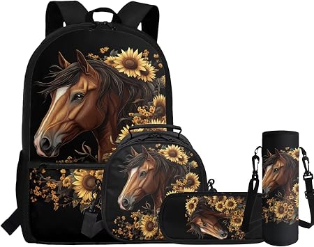 Sunflower Horse Backpack for School Girls with Lunch Box 4Pcs Middle School Bag and Lunch Bag Set Pencil Case Water Bottle Sleeve Elementary Bookbag for Boys Teens Back To School Satchel