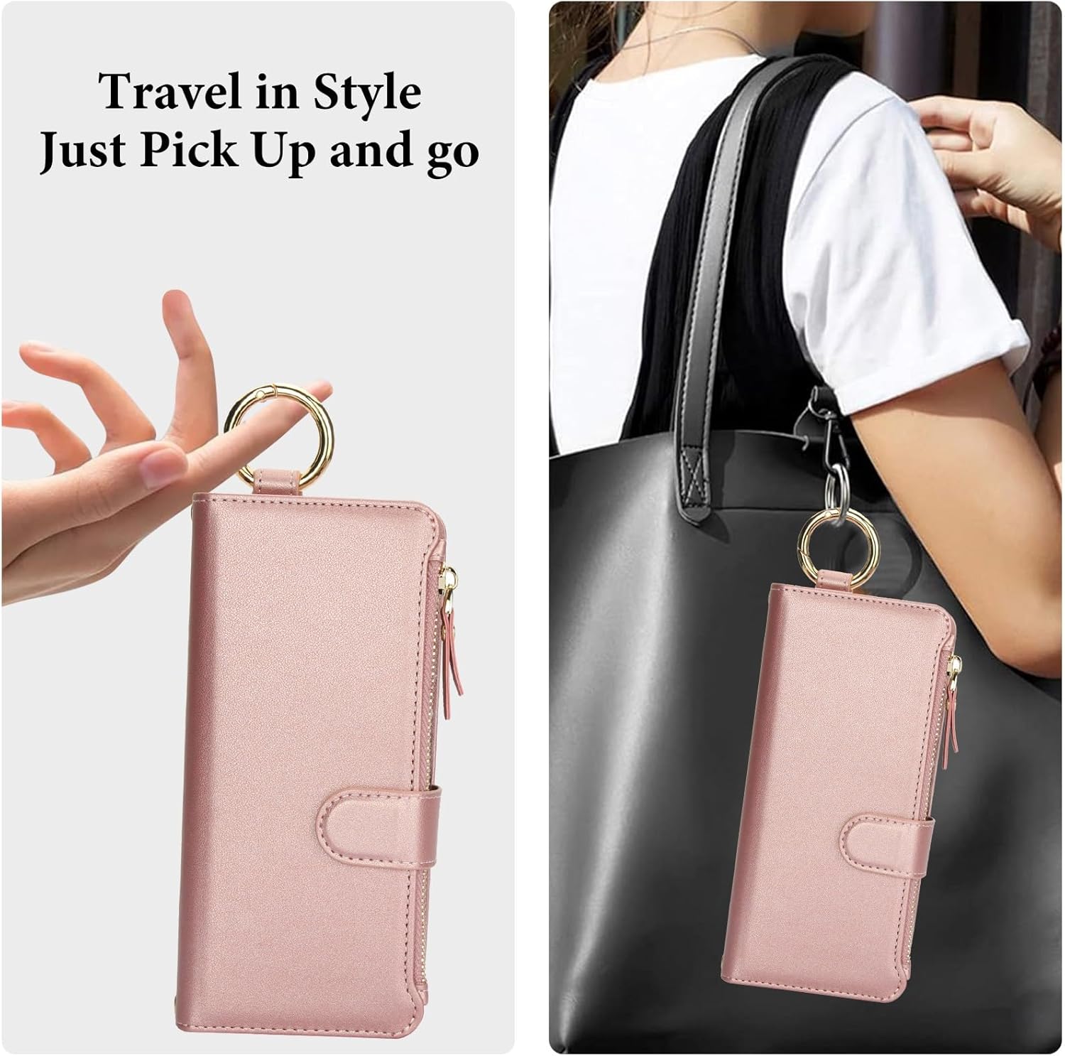 for Samsung Galaxy Z Fold 6 Wallet Case with 3 Credit Card Slots and Cash Slot Zipper Pocket,Wristband and Ring, RFID Blocking Multi Card Function Magnetic Clasp Kickstand.(Rosegold)