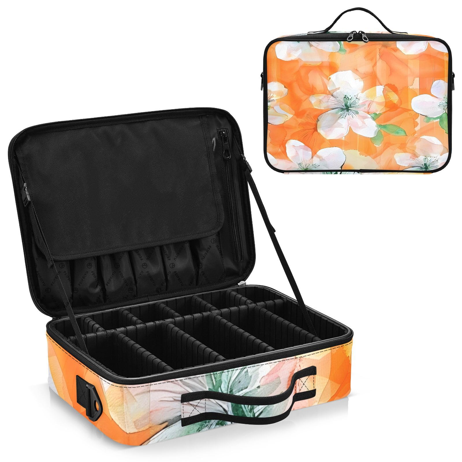 zyrtty Travel Makeup Train Case Orange Flowers Pattern Cosmetic Organizer Portable Storage Bag with Adjustable Dividers for Cosmetics Brushes Toiletry Jewelry Digital Accessories