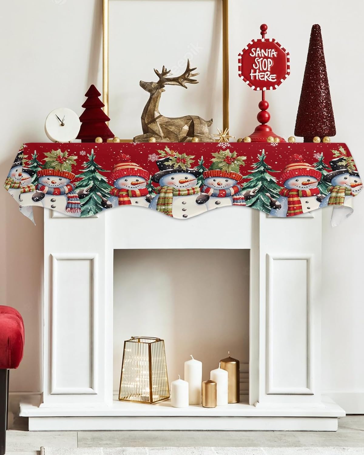 Christmas Mantle Scarf 90 x 17 Inch, Red Snowman Christmas Trees Fireplace Mantel Scarf Mantel Cover Runner for Christmas Holiday Seasonal Winter Xmas Decorations