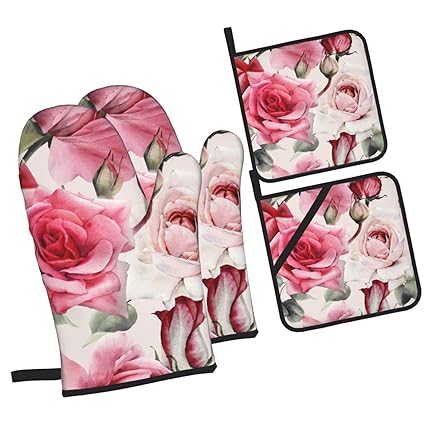 Pink Roses Oven Mitts and Pot Holders Set of 4, Vintage Floral Oven Mittens and Potholders Heat Resistant Gloves for Kitchen Cooking Baking Grilling BBQ