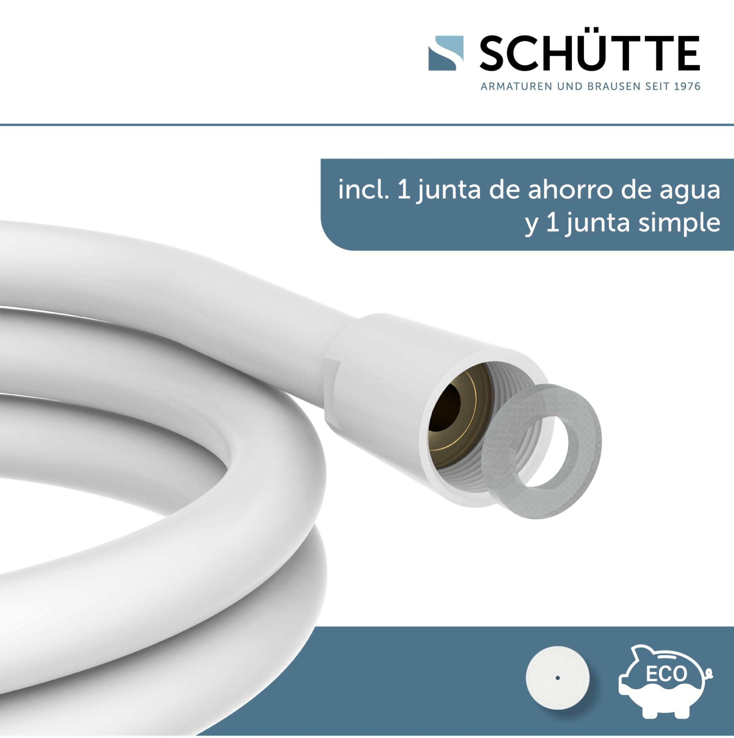 SCHÜTTE Manguera de ducha de 1,5 m, manguera de ducha con protección antitorsión, 150 cm de longitud, de plástico, manguera para cabezal de ducha con conexión universal, color blanco