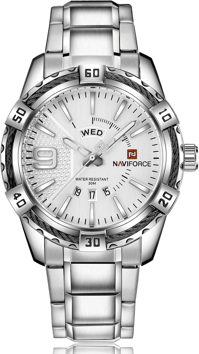 NAVIFORCE Relojes de cuarzo analógicos para hombre, banda de acero inoxidable, luminosos e impermeables, para hombres