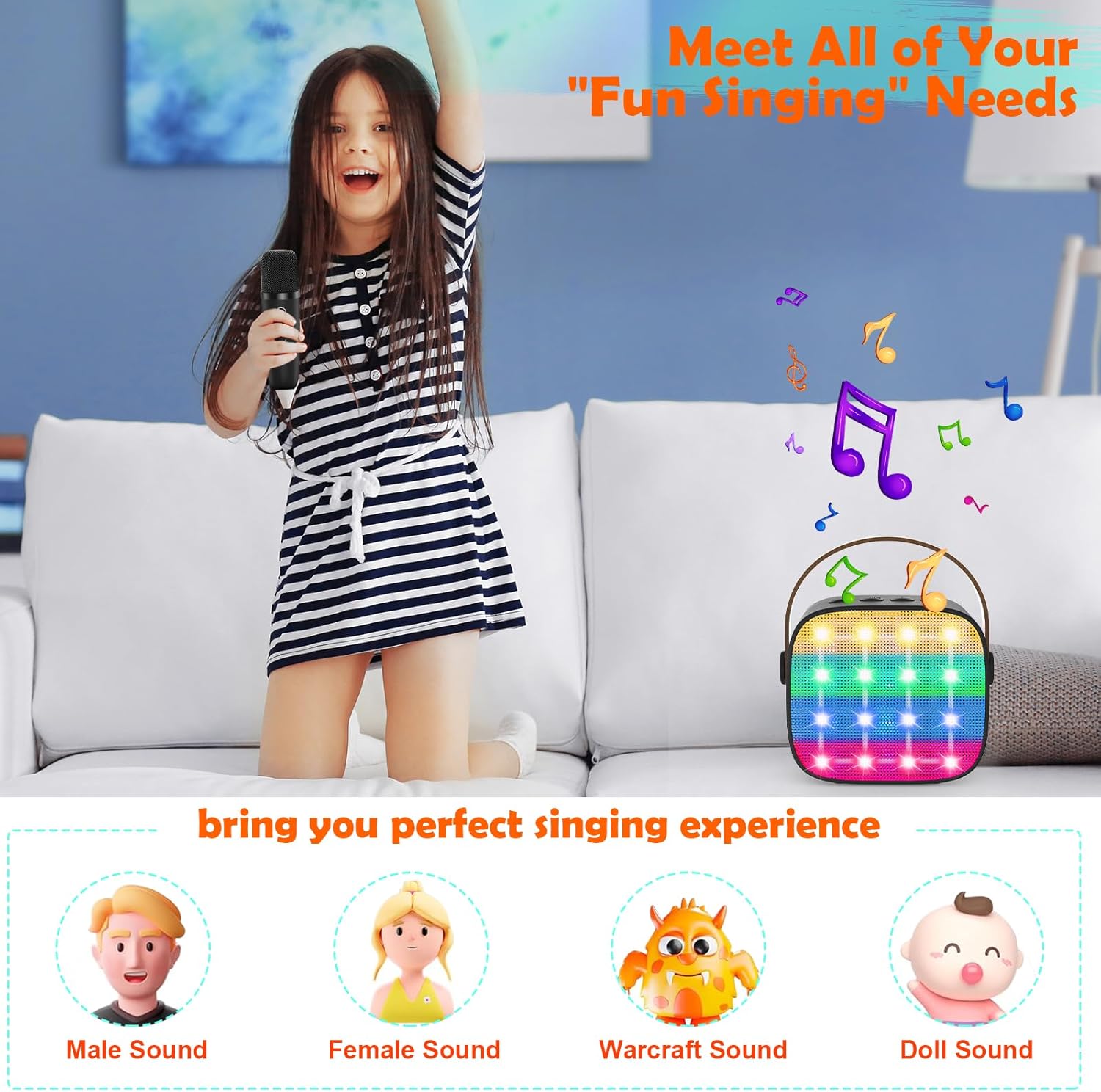 Bluetooth Karaoke Machine Toy for Kids- Mini Karaoke with 2 Wireless Microphone, Voice Changer & LED Lights, Portable Karaoke Mic for 3-8 Year Old Girls, Great for Birthday Home Party - Image 6